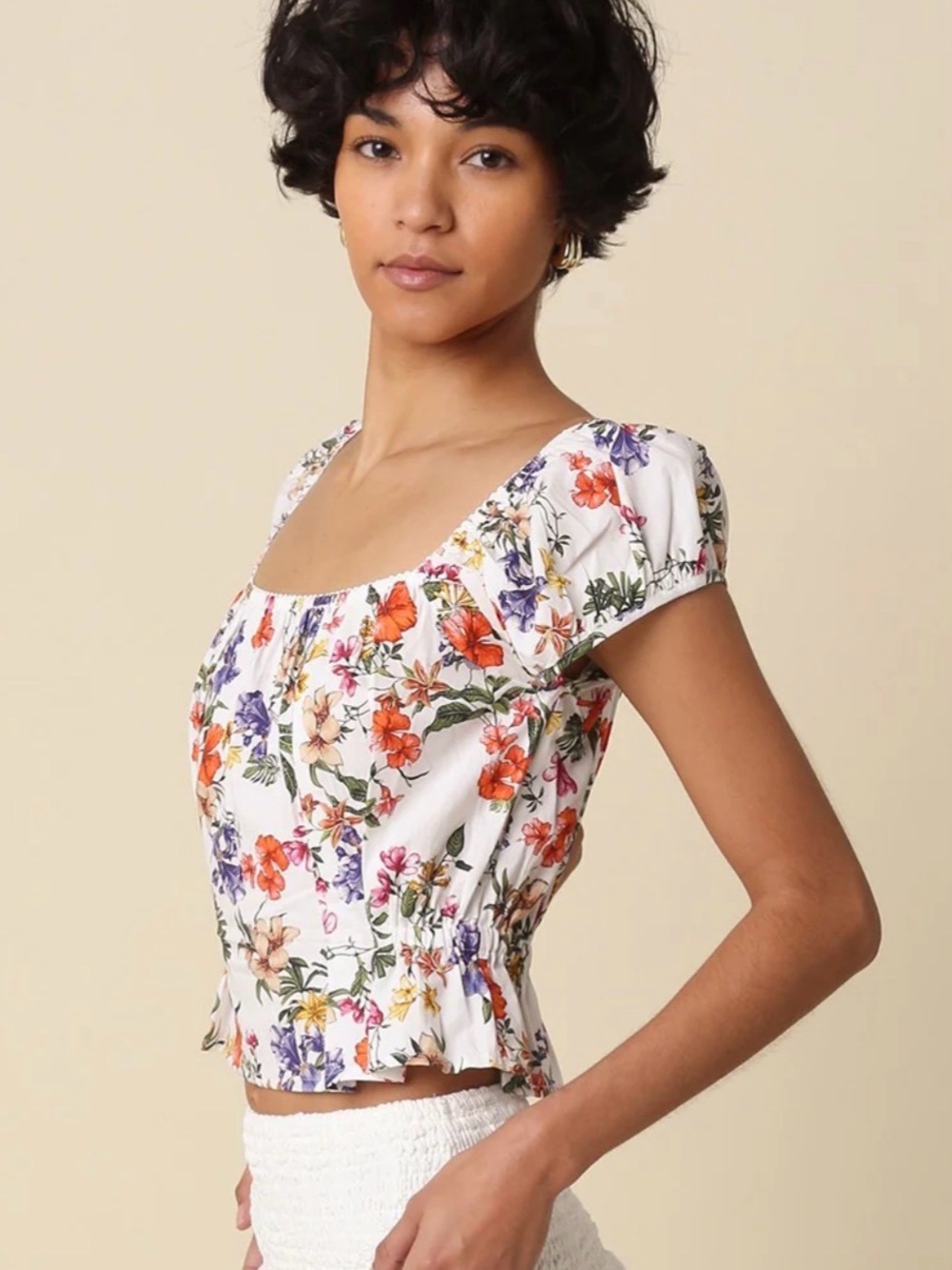 Women's White Floral Peplum Square-Neck Top